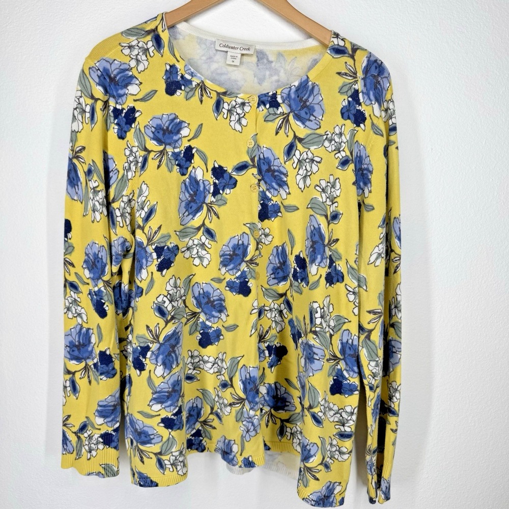 Coldwater Creek Cardigan Sweater Womens 1X Butter Yellow Floral Lightweight